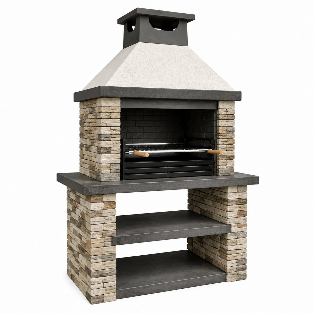 Barbecue de jardin Narqevix en pierre et métal gris beige, dimensions 120x70x210 cm avec grille pour cuisson extérieure.