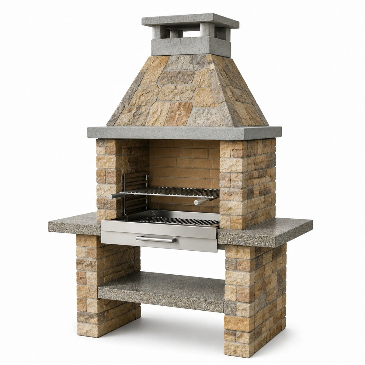 Barbecue de jardin Narqevix en pierre beige, 120x70x210 cm, avec grilles en acier, style rustique pour extérieur.