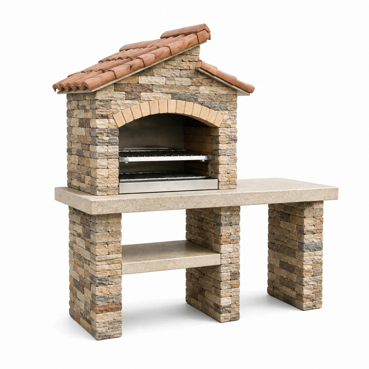 Barbecue de jardin Narqevix en pierre beige avec grilles en acier, style rustique, dimensions 180x80x210 cm, pour cuisson au bois
