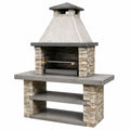 Barbecue de jardin en pierre gris beige Narqevix, dimensions 120x70x210 cm, grille rustique pour cuisson extérieure.