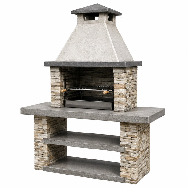 Barbecue de jardin en pierre gris beige Narqevix, dimensions 120x70x210 cm, grille rustique pour cuisson extérieure.