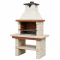 Barbecue cheminée Narqevix en pierre beige et brique avec grilles de cuisson, dimensions 120x70x210 cm, idéal pour griller.