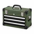 Boîte à outils en métal vert Narqevix, coffre 50x25x30 cm avec 3 tiroirs et serrure pour rangement sécurisé.